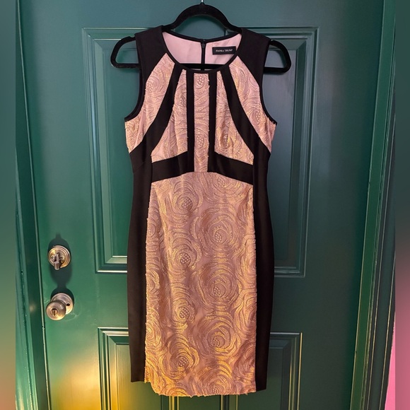 Black Gold Jacquard Sheath Dress Size 4 Cocktail Knee Length - Picture 2 of 7